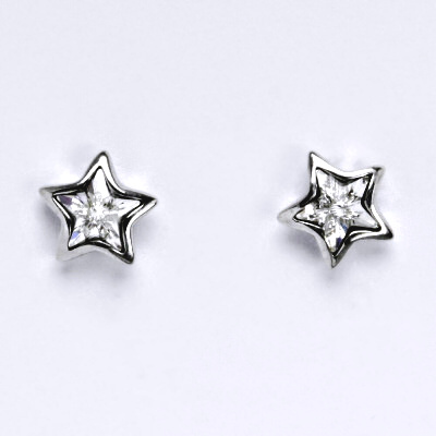 Zlaté náušnice se Swarovski čirým krystalem, bílé zlato, hvězda, NŠ 1326
