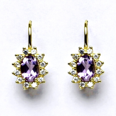 Zlaté náušnice Kate, žluté i bílé zlato, přírodní ametyst světlý, čiré zirkony, NK 1480 