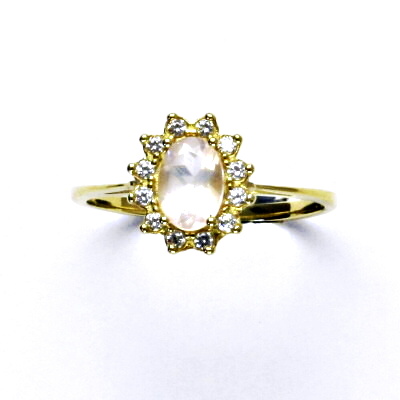 Zlatý prsten Kate, žluté i bílé zlato, přírodní růženín, čiré zirkony - T 1480 