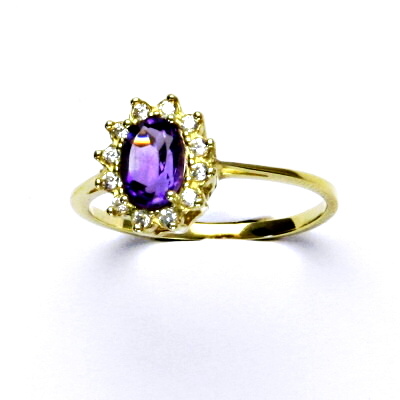 Zlatý prsten Kate, žluté i bílé zlato, přírodní ametyst tmavý, čiré zirkony - T 1480 