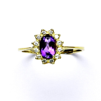 Zlatý prsten Kate, žluté i bílé zlato, přírodní ametyst tmavý, čiré zirkony - T 1480 