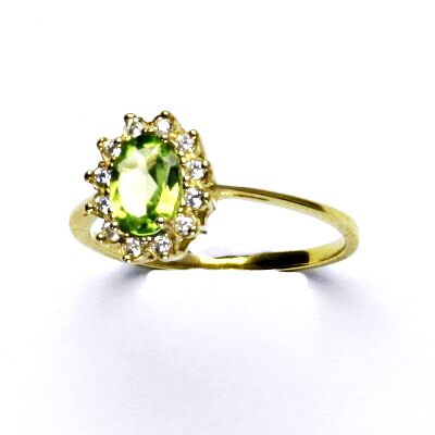 Zlatý prsten Kate, žluté i bílé zlato, přírodní olivín, čiré zirkony - T 1480 