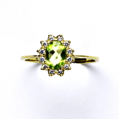 Zlatý prsten Kate, žluté i bílé zlato, přírodní olivín, čiré zirkony - T 1480 