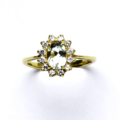 Zlatý prsten Kate, žluté i bílé zlato, přírodní green ametyst, čiré zirkony - T 1480 