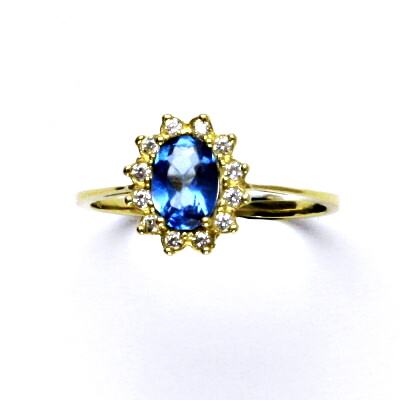 Zlatý prsten Kate, žluté i bílé zlato, syntetický akvamarin tmavý, čiré zirkony - T 1480 