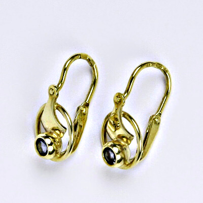 Dětské zlaté náušnice, dětské náušničky, kolečko, náušnice ze zlata, žluté zlato, syntetický akvamarín, váha 1,53 g