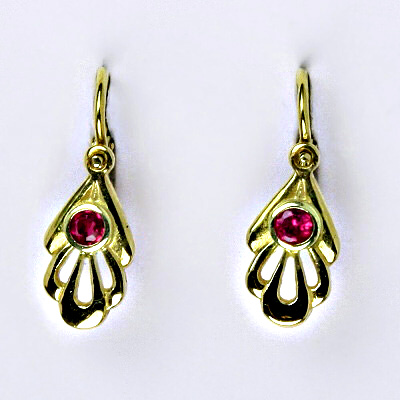 Dětské zlaté náušnice, dětské náušničky, náušnice ze zlata, žluté zlato, syntetický rubín, váha 1,43 g 